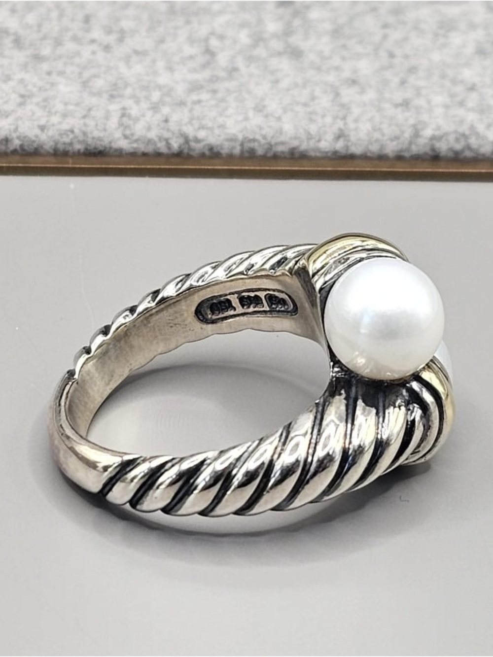 Sterling Silver and 18 Karat Yellow Gold David Yurman Pearl Bypass Ring - Picture 2 of 3